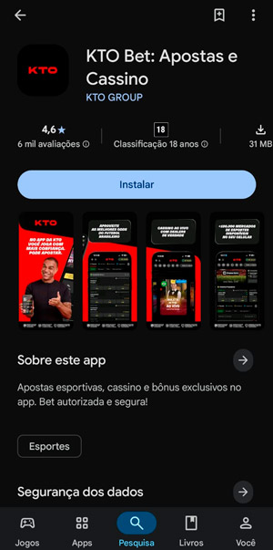 Página do app da KTO na Play Store para baixar no Android