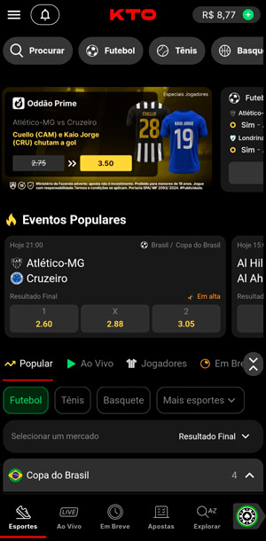 Interface de apostas esportivas no app da KTO