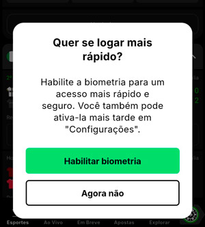 Notificação para ativar a biometria no app da KTO