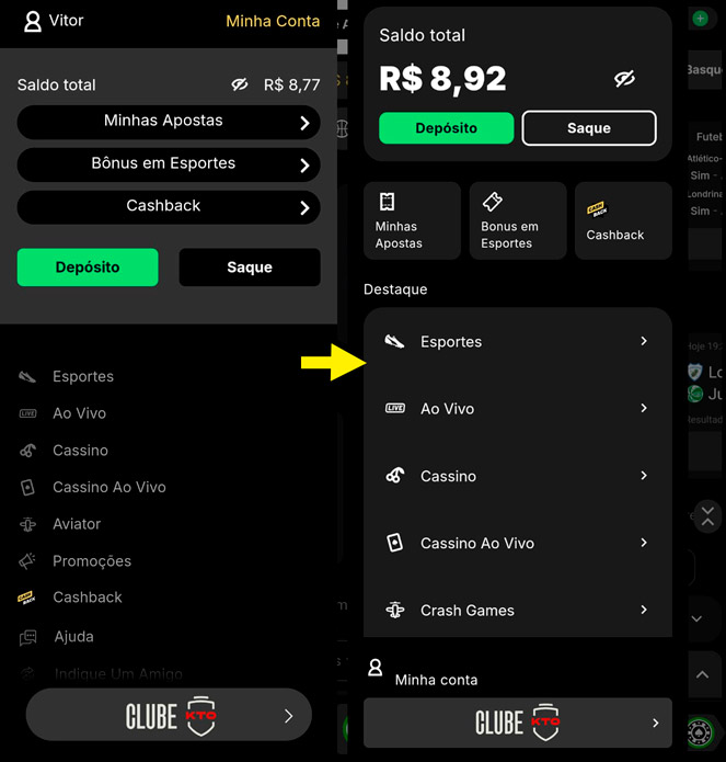 Comparação entre o menu lateral na versão mobile do site da KTO e no aplicativo oficial, com melhor otimização no app