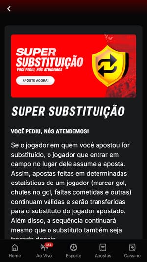 Recurso Super Substituição, disponível na Superbet