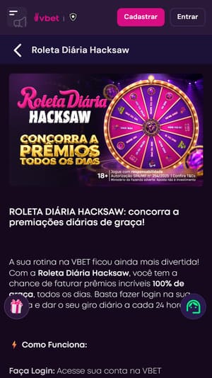 Página da oferta de roleta diária da Vbet