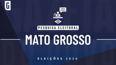 Ilustração feita pela Gazeta do Povo sobre pesquisa eleitoral nas Eleições 2026, com a bandeira do Mato Grosso
