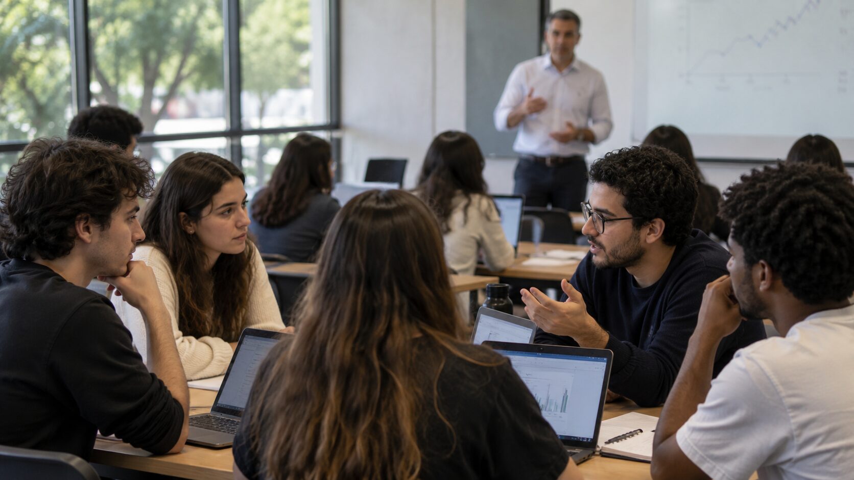 Estudantes analisam dados e discutem problemas econômicos em ambiente universitário.