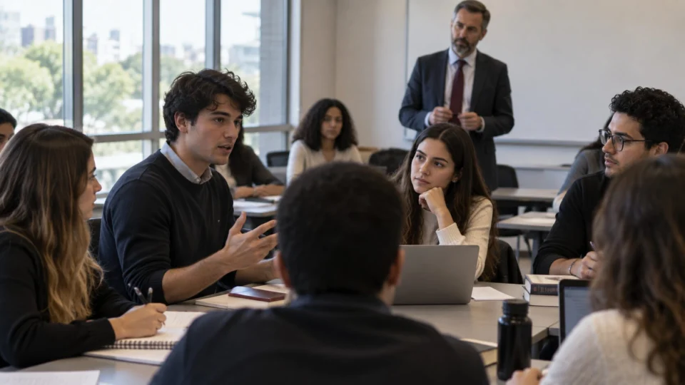 Estudantes de Direito discutem um caso durante atividade acadêmica em sala de aula.