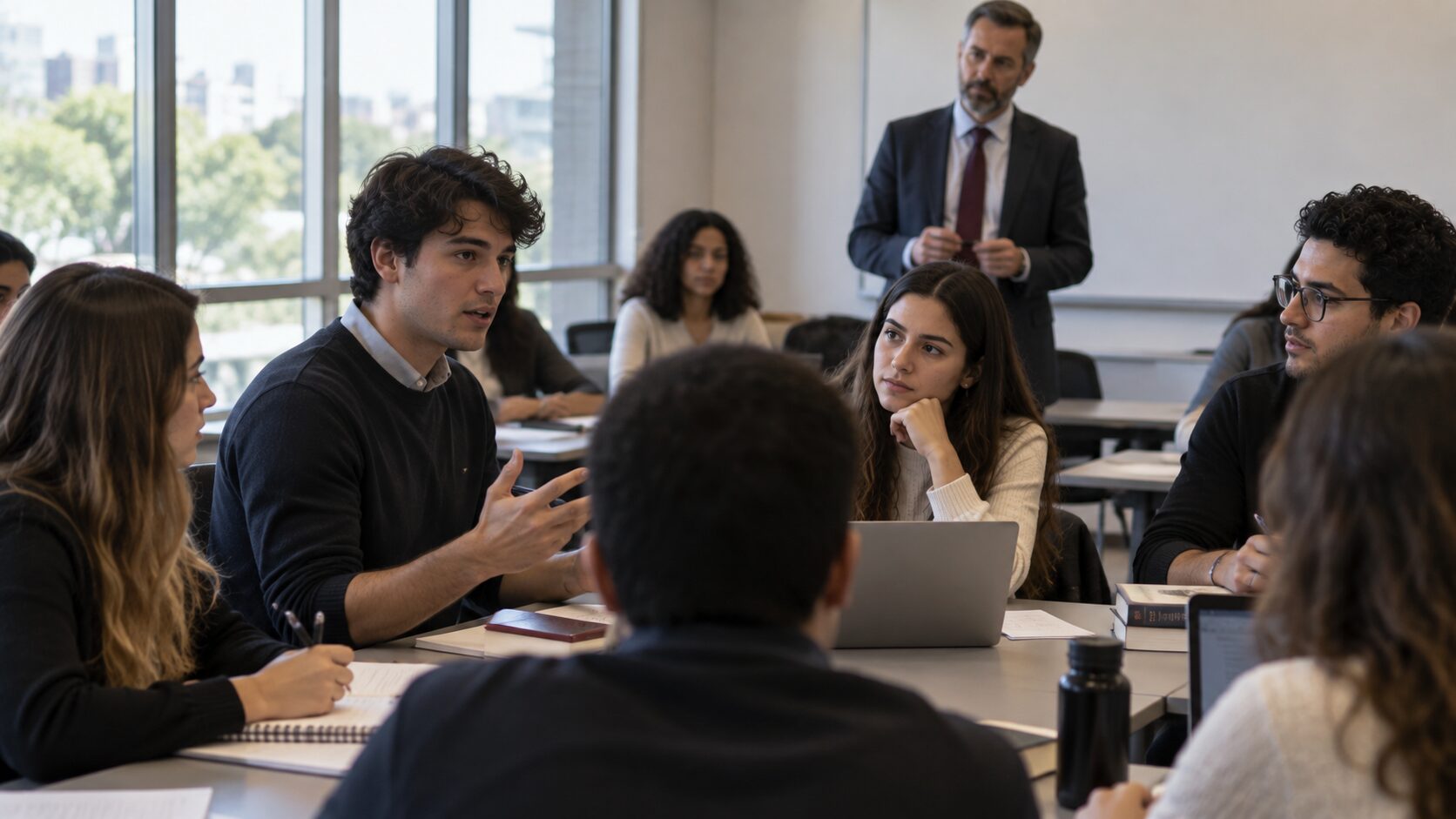Estudantes de Direito discutem um caso durante atividade acadêmica em sala de aula.