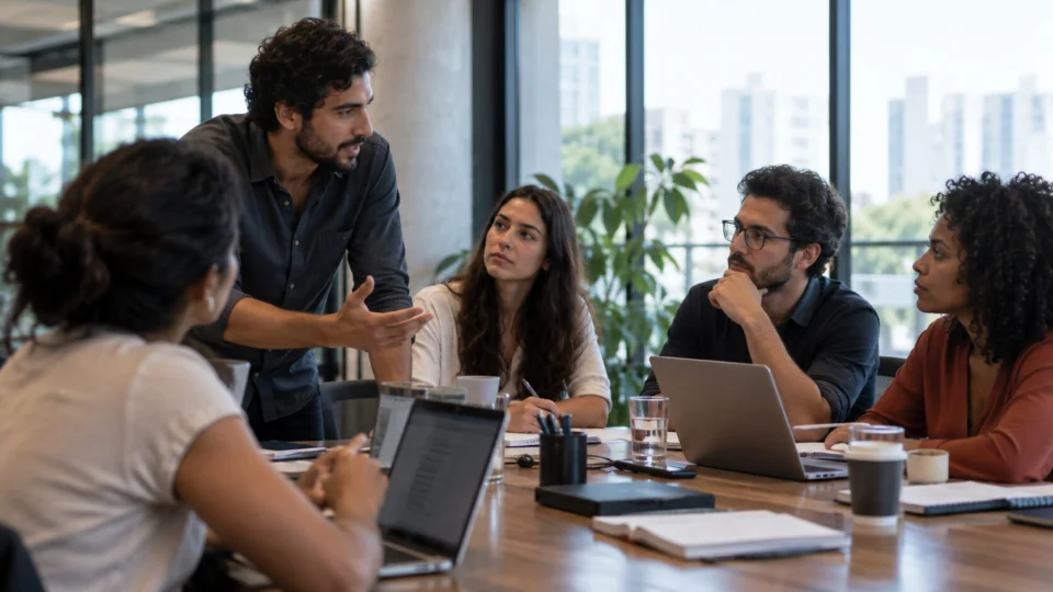 Profissionais discutem projetos em ambiente de trabalho marcado pelo uso de tecnologia e pela colaboração entre equipes.