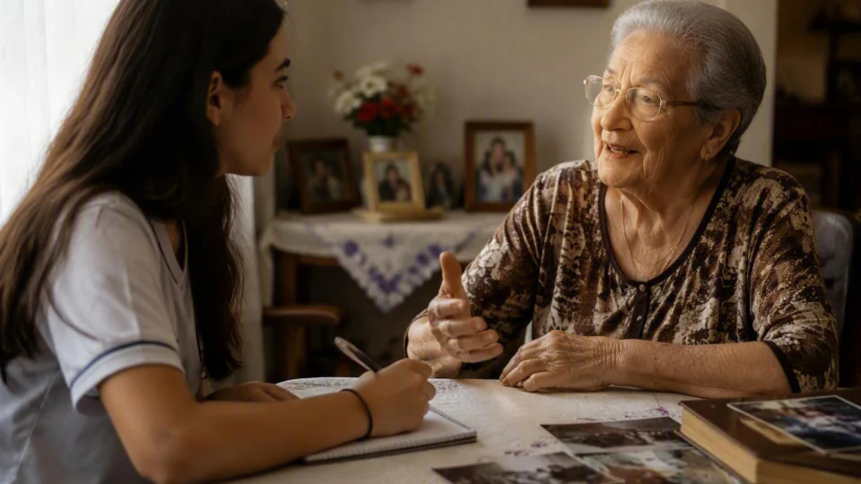 Imagem gerada por Inteligência Artificial onde uma adolescente está dialogando com uma idosa.