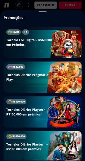 Print da página de promoções para cassino da Novibet que exibe 4 torneios ativos