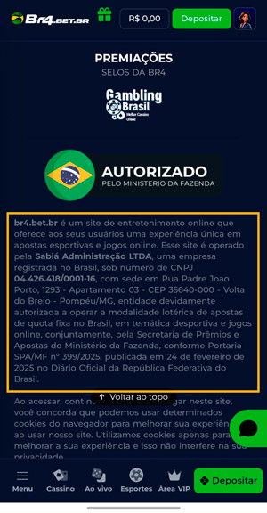 Rodapé da Br4bet com símbolo de autorizado pelo Ministério da Fazenda e certificações da da Gambling Brasil