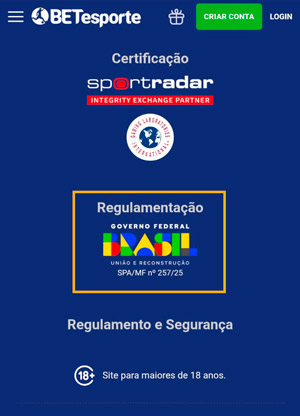 Rodapé do site da BETesporte que exibe o selo de plataforma regulamentada, além da certificação da Sportradar