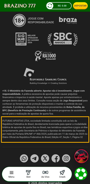 Rodapé da Brazino777 que exibe sua lincença de funcionamento, além dos selos de reputação RA1000 e prêmios da Sigma Awards e SBC Awards