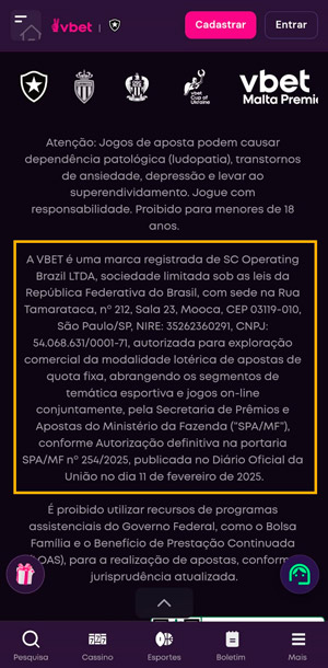 Rodapé da plataforma da Vbet que consta sua lincença de autorização, bem como os dados da empresa que gerencia a operação