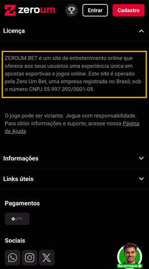 Rodapé da site da ZeroUmBet que consta os dados da empresa que gerencia a plataforma conforme a regulamentação
