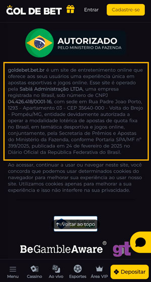 Captura de tela mostra rodapé da Gol de Bet, que exibe selo de empresa verificada pelo ReclameAQUI e autorizada pelo Ministério da Fazenda