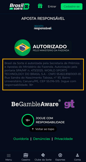Rodapé da BrasildaSorte que possui o selo de autorizado pelo Ministério da Fazenda e certificações da BeGambleAware e GT