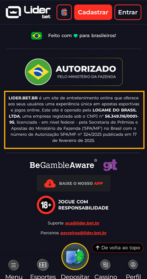 Final da site da Líderbet que consta o selo de autorização da SPA/MF, além de certificações de jogo responsável como BeGambleAware