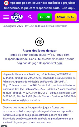 Licença de autorização do site da PlayUZU no rodapé do site