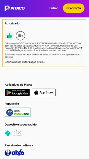 Rodapé do site da Pitaco que possui sua lincença de legalização e o selo de reputação positiva no ReclameAqui
