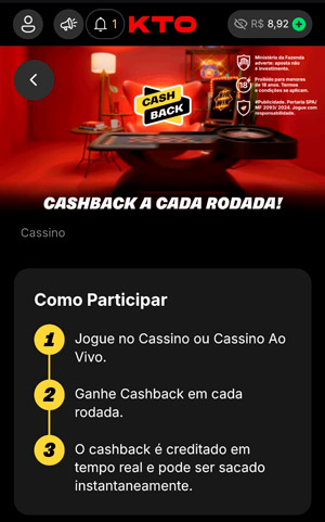 Página da oferta de cashback no cassino da KTO