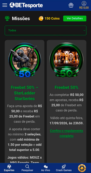 Área de missões do cassino da BETesporte que exibe duas missões ativas