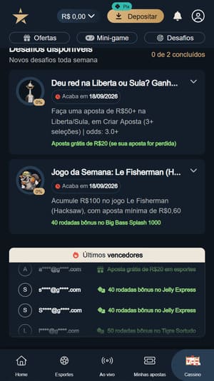 Captura de tela com os desafios disponíveis na Estrelabet