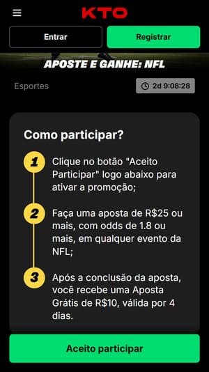 Página com regras para oferta de aposta grátis para NFL na KTO