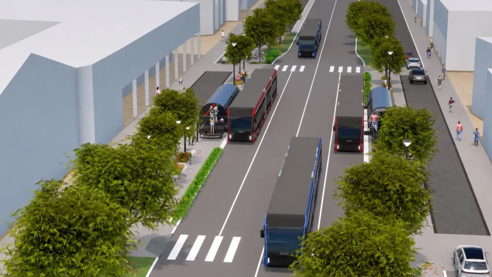 Imagem ilustrativa mostra como ficará o BRT Leste-Oeste após as obras, com infraestrutura preparada para permitir ultrapassagens mais rápidas e seguras do Ligeirão.
