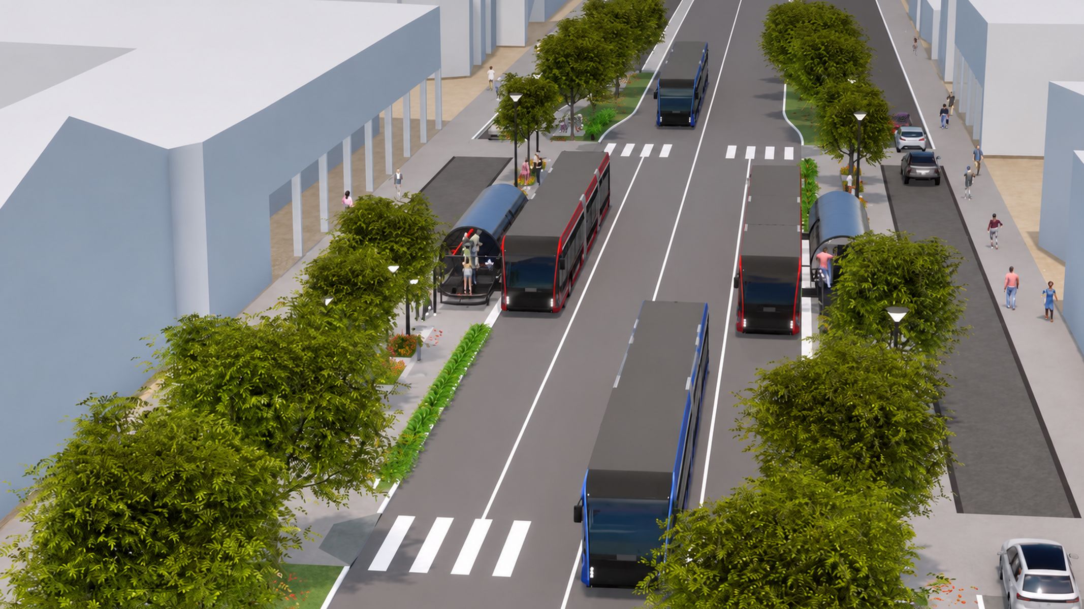 Imagem ilustrativa mostra como ficará o BRT Leste-Oeste após as obras, com infraestrutura preparada para permitir ultrapassagens mais rápidas e seguras do Ligeirão.