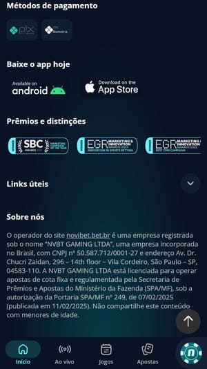 Captura de tela mostrando informações legais da Novibet