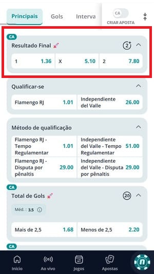 Exemplo real de mercado 1x2, disponível na Novibet