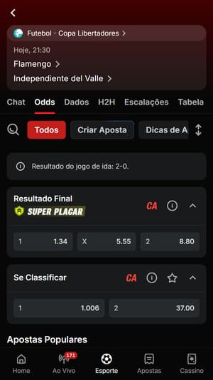 Captura de tela real, mostrando mercado de aposta 1x2 na Superbet