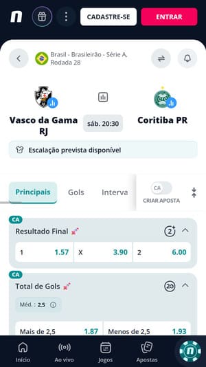Partida coberta pela Novibet com mercado 1x2, chamado de “Resultado Final”