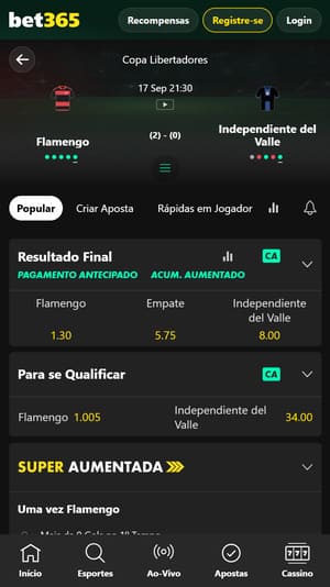 Partida da libertadores com mercado 1x2, disponível na bet365