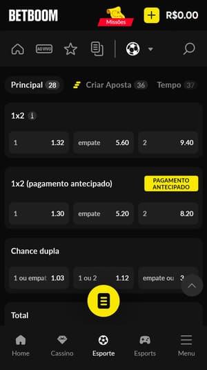 Duas opções de mercados 1x2 reais, disponíveis na Betboom