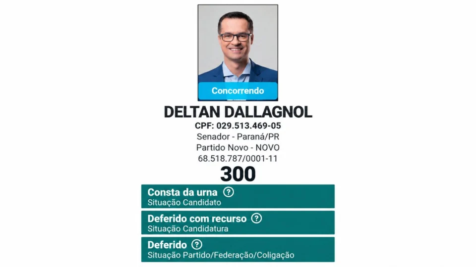 Reprodução da consulta de candidatura de Deltan Dallagnol no TSE, com os status “Consta da urna” e “Deferido com recurso”.
