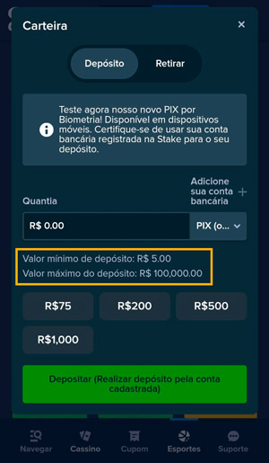 Tela de depósito da Stake