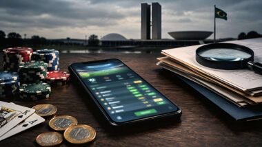 Smartphone sobre superfície escura exibe interface de aplicativo de apostas esportivas, cercado por fichas de cassino e cartas de baralho, com prédios institucionais ao fundo
