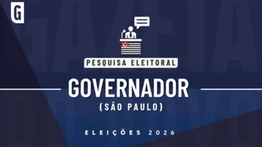 Ilustração feita pela Gazeta do Povo sobre pesquisa eleitoral nas Eleições 2026, com a bandeira de São Paulo e a palavra Governador.