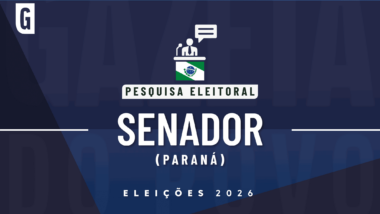 Ilustração feita pela Gazeta do Povo sobre pesquisa eleitoral nas Eleições 2026, com a bandeira do Paraná e a palavra Senador.