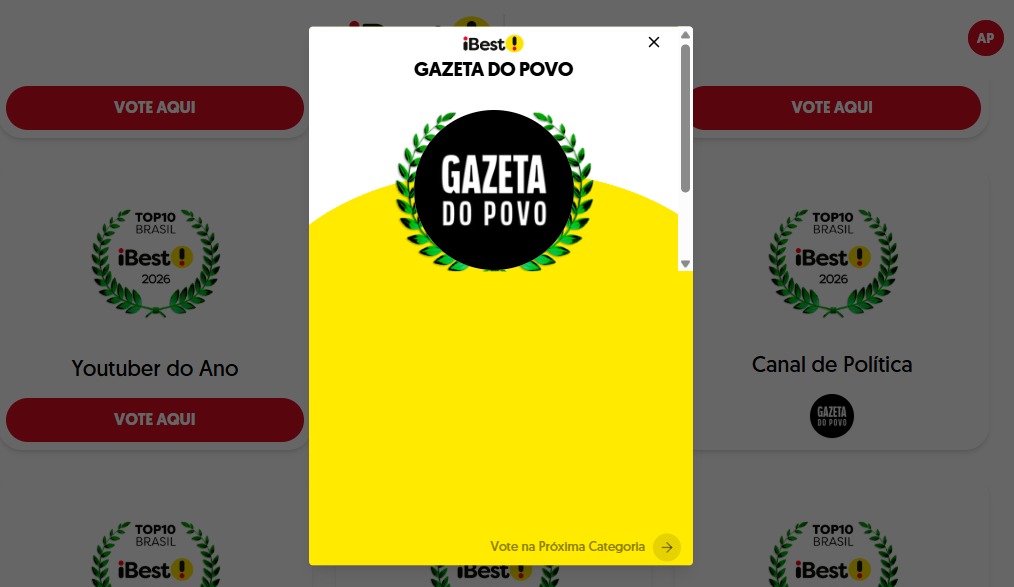 Gazeta do Povo é finalista do Prêmio iBest 2026 na categoria Canal de Política.
