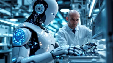 Robô humanoide ao lado de pesquisador em ambiente industrial, ilustrando uso de robótica e inteligência artificial na indústria.