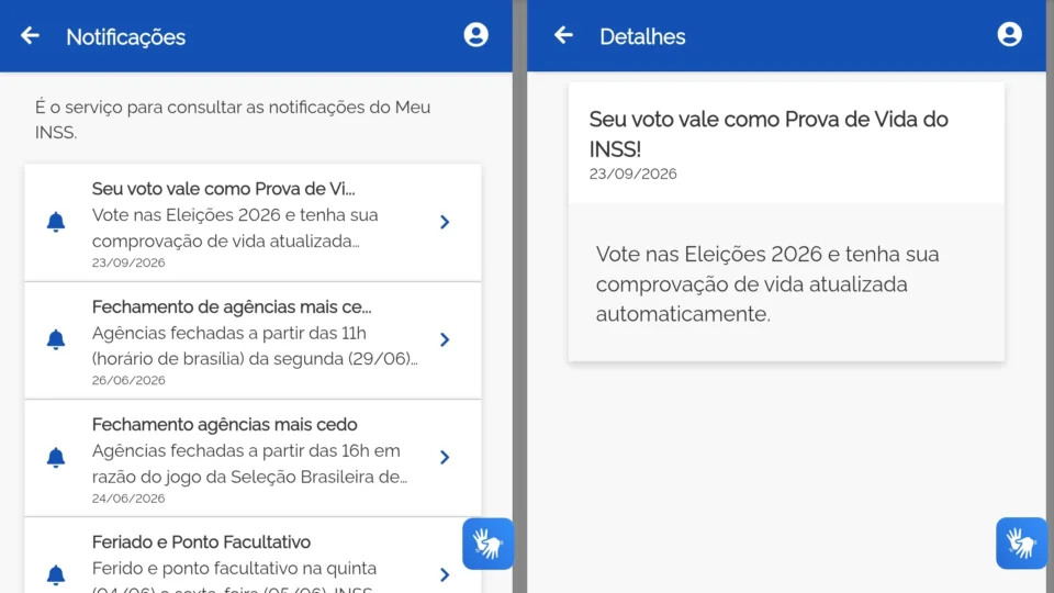 Notificação enviada no dia 23 de setembro pelo aplicativo Meu INSS incentiva comparecimento às eleições como prova de vida