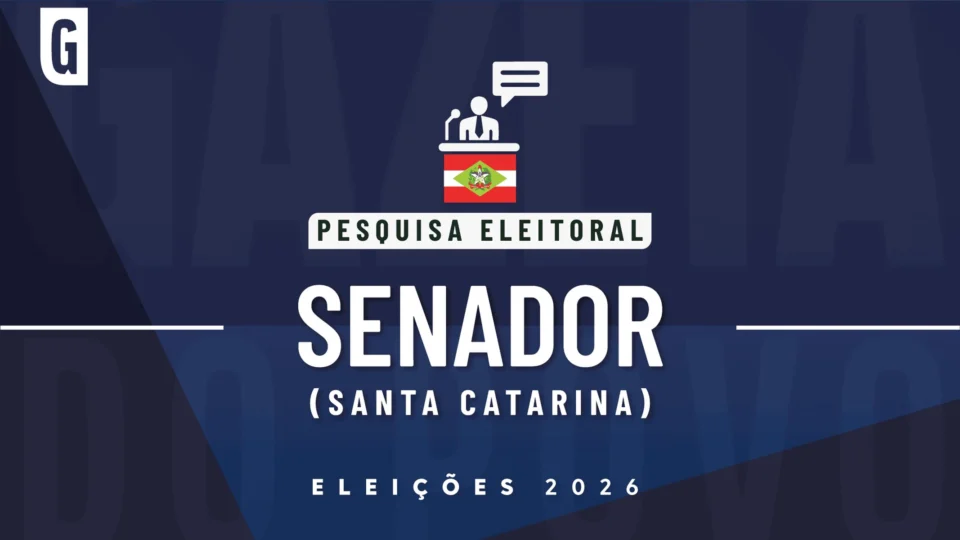 Ilustração feita pela Gazeta do Povo sobre pesquisa eleitoral nas Eleições 2026, com a bandeira de Santa Catarina e a palavra Senador