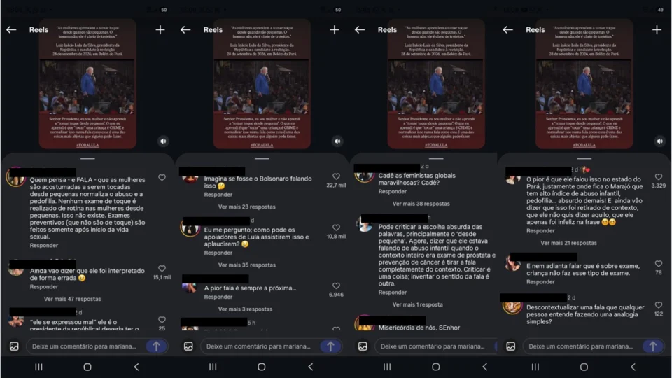 Comentários na publicação de Mariana Brito com críticas à fala de Lula sobre "toque" em meninas.