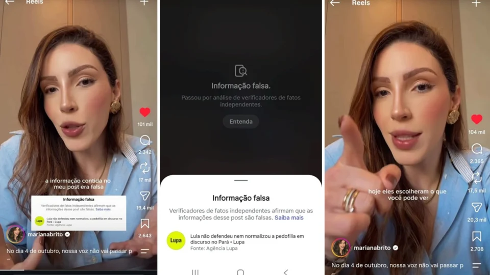 A influenciadora Mariana Brito diz que publicação alcançou quase 30 milhões de pessoas antes de receber alerta de “Informação falsa” ligado à checagem da Agência Lupa no Instagram.