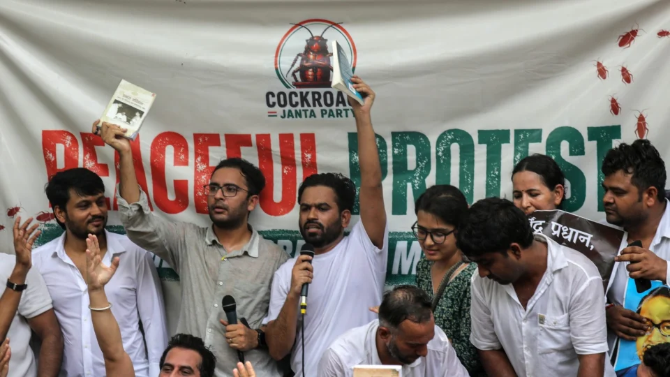 Protesto do Partido das Baratas, nome satírico adotado por manifestantes na Índia.