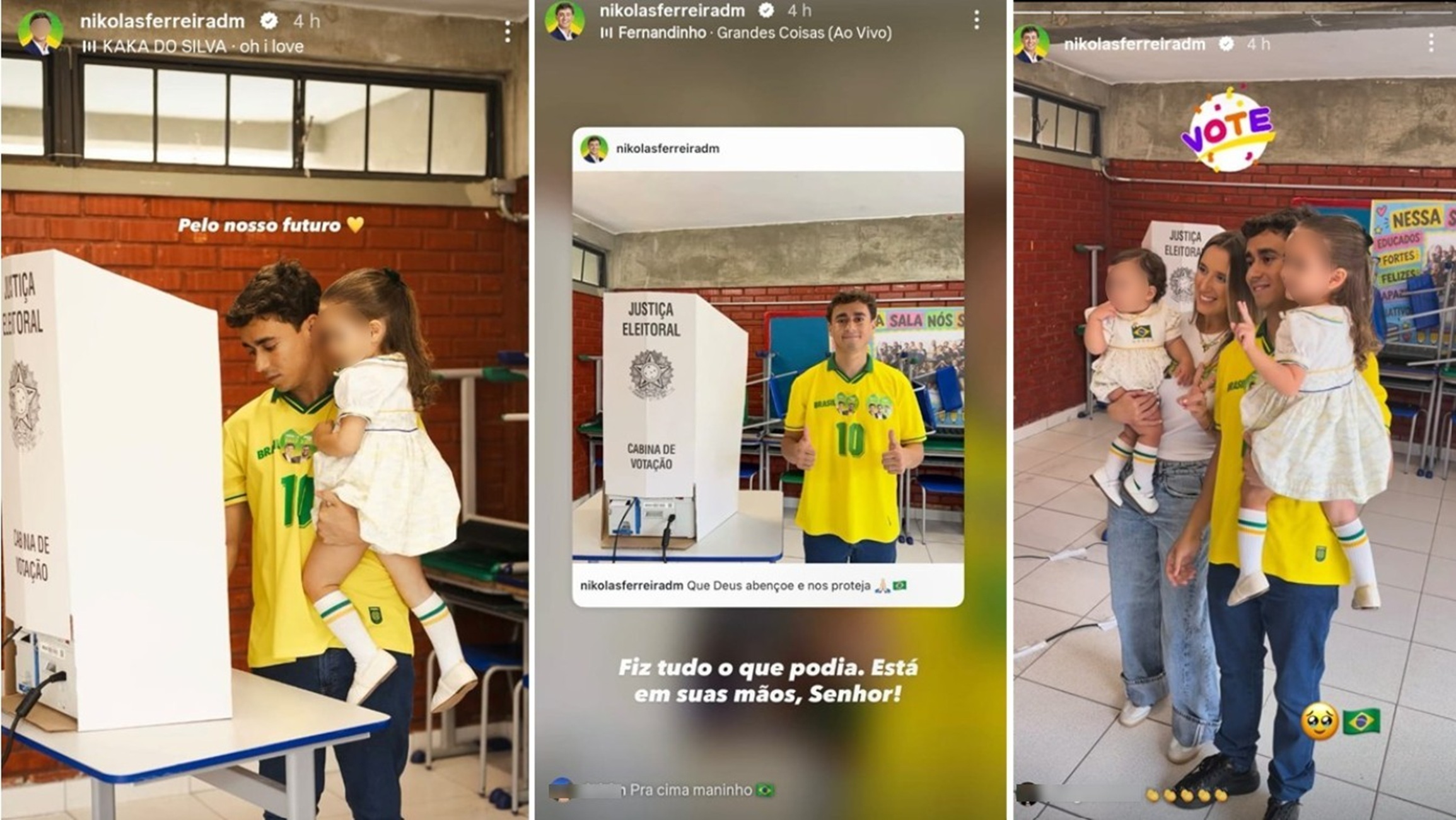 O deputado federal Nikolas Ferreira votou acompanhado da esposa e das filhas neste domingo (4), em Minas Gerais.