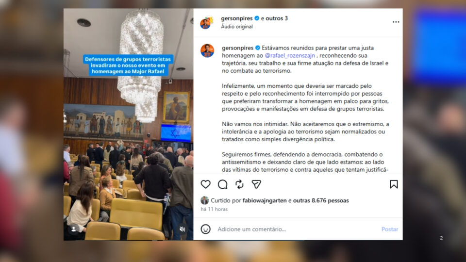 Grupo pró-Palestina invade homenagem a major israelense na Câmara de SP