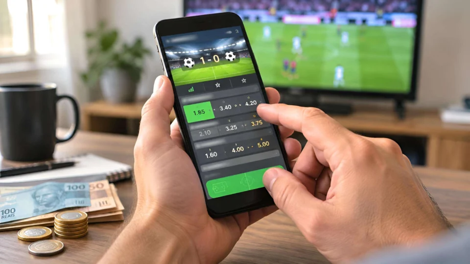 Pessoa segura um smartphone exibindo um aplicativo de apostas esportivas, com cédulas de real sobre a mesa ao lado, ilustrando a devolução de saldos das bets aos apostadores